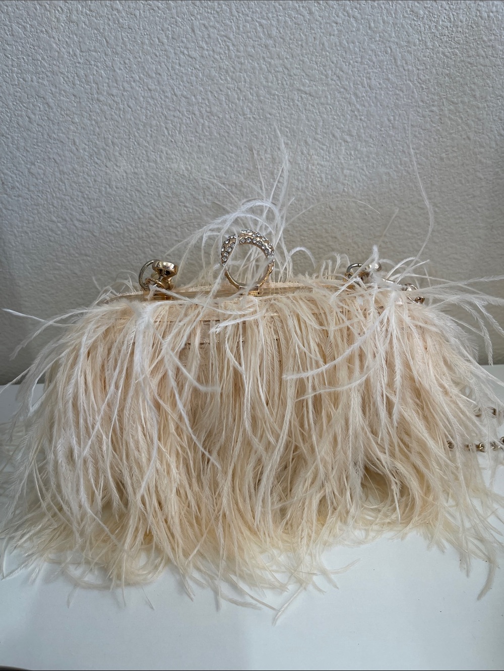 Elegant Feather Clutch Bag in Cream with Crystal Accent